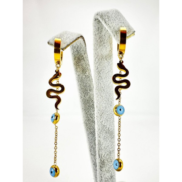 Gold Yılan Detaylı Zincirli Küpe